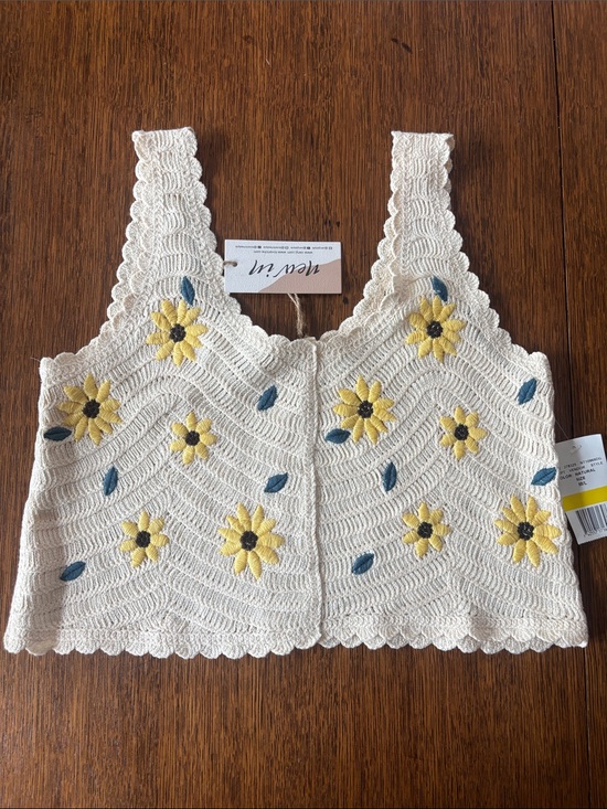 new in Tops - NWT Cream Cropped Crochet Tank with Yellow Daisy Embroidery